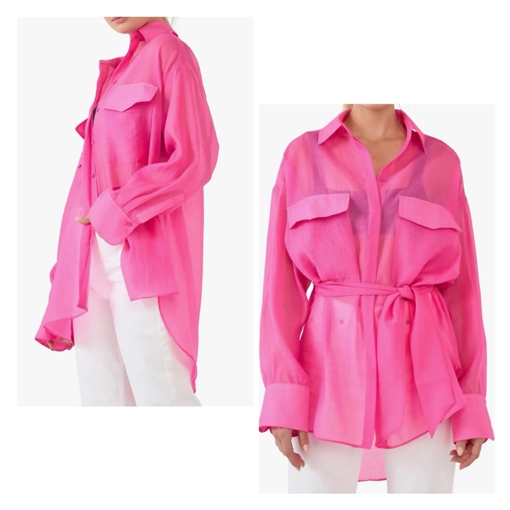 Grey Lab Size XS Hot Pink Sheer Belted Oversized Overshirt Blouse NWT $80